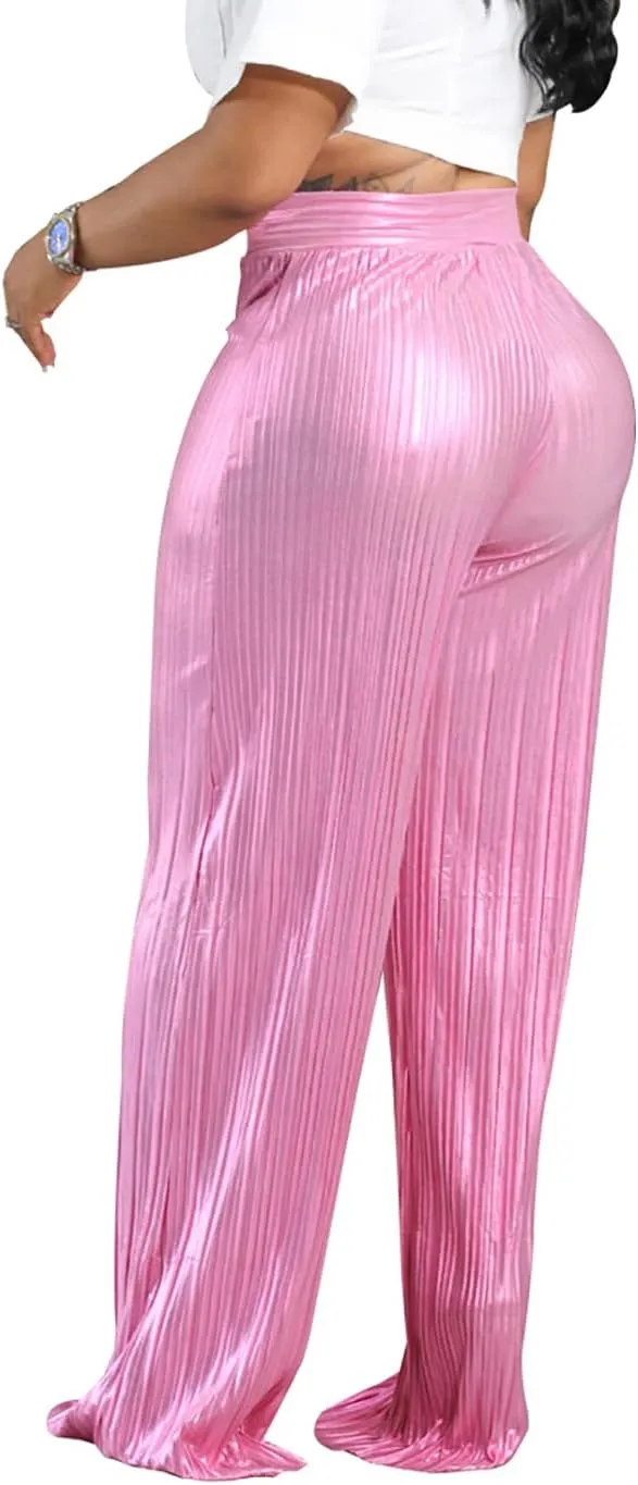 Yuopeid Women's Fashion Shiny High Waist Party Trouser Elastic Palazzo Shimmer Wide Leg Night Club Pant