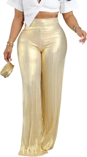 Yuopeid Women's Fashion Shiny High Waist Party Trouser Elastic Palazzo Shimmer Wide Leg Night Club Pant