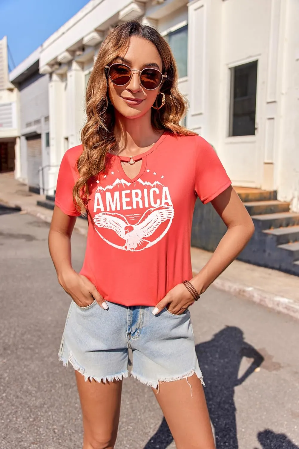 Zeagoo T Shirts Women American Flag Tops 4th of July Short Sleeve Key Hole V-Neck Country Music Tees