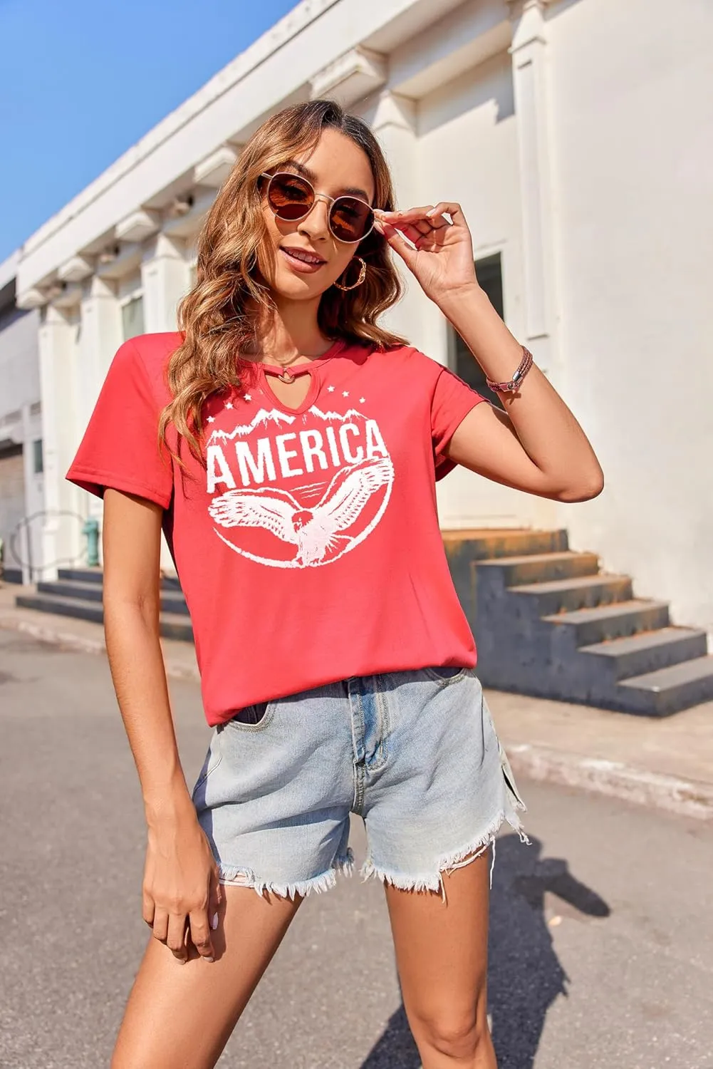 Zeagoo T Shirts Women American Flag Tops 4th of July Short Sleeve Key Hole V-Neck Country Music Tees