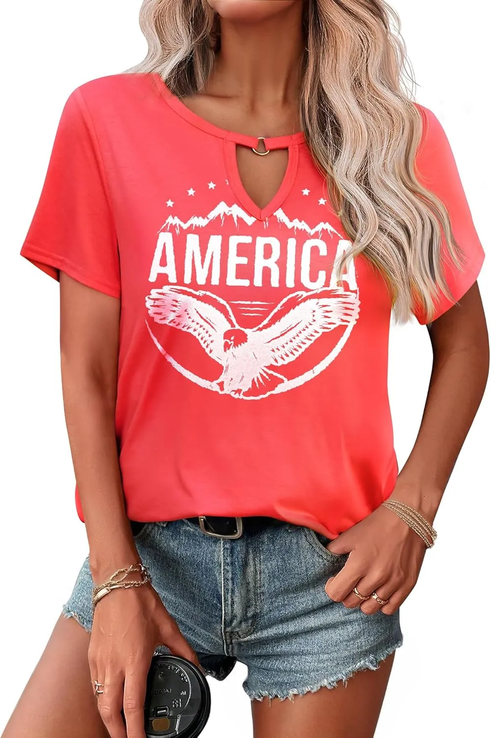 Zeagoo T Shirts Women American Flag Tops 4th of July Short Sleeve Key Hole V-Neck Country Music Tees