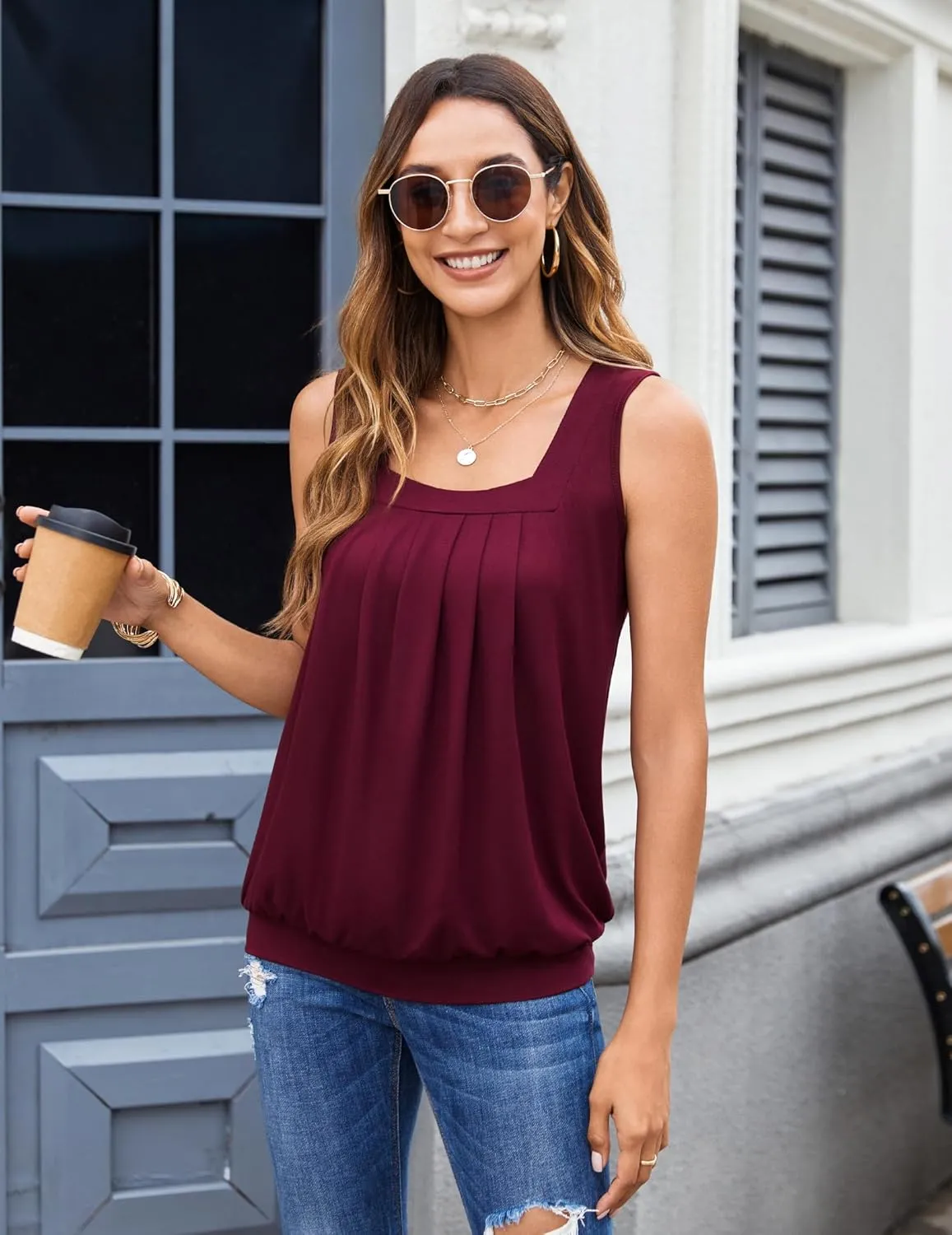 Zeagoo Womens Tank Tops Square Neck Loose Fit Basic Casual Going Out Tops Trendy Summer Sleeveless Shirts