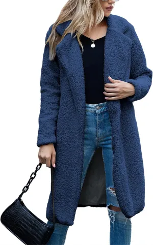 ZWRXW Women's Fuzzy Fleece Long Trench Coats Open Front Notched Lapel Solid Cardigans Winter Faux Fur Warm Outwear Jackets