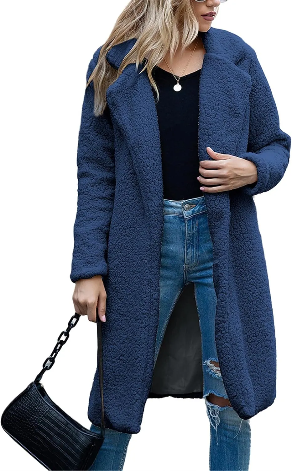ZWRXW Women's Fuzzy Fleece Long Trench Coats Open Front Notched Lapel Solid Cardigans Winter Faux Fur Warm Outwear Jackets