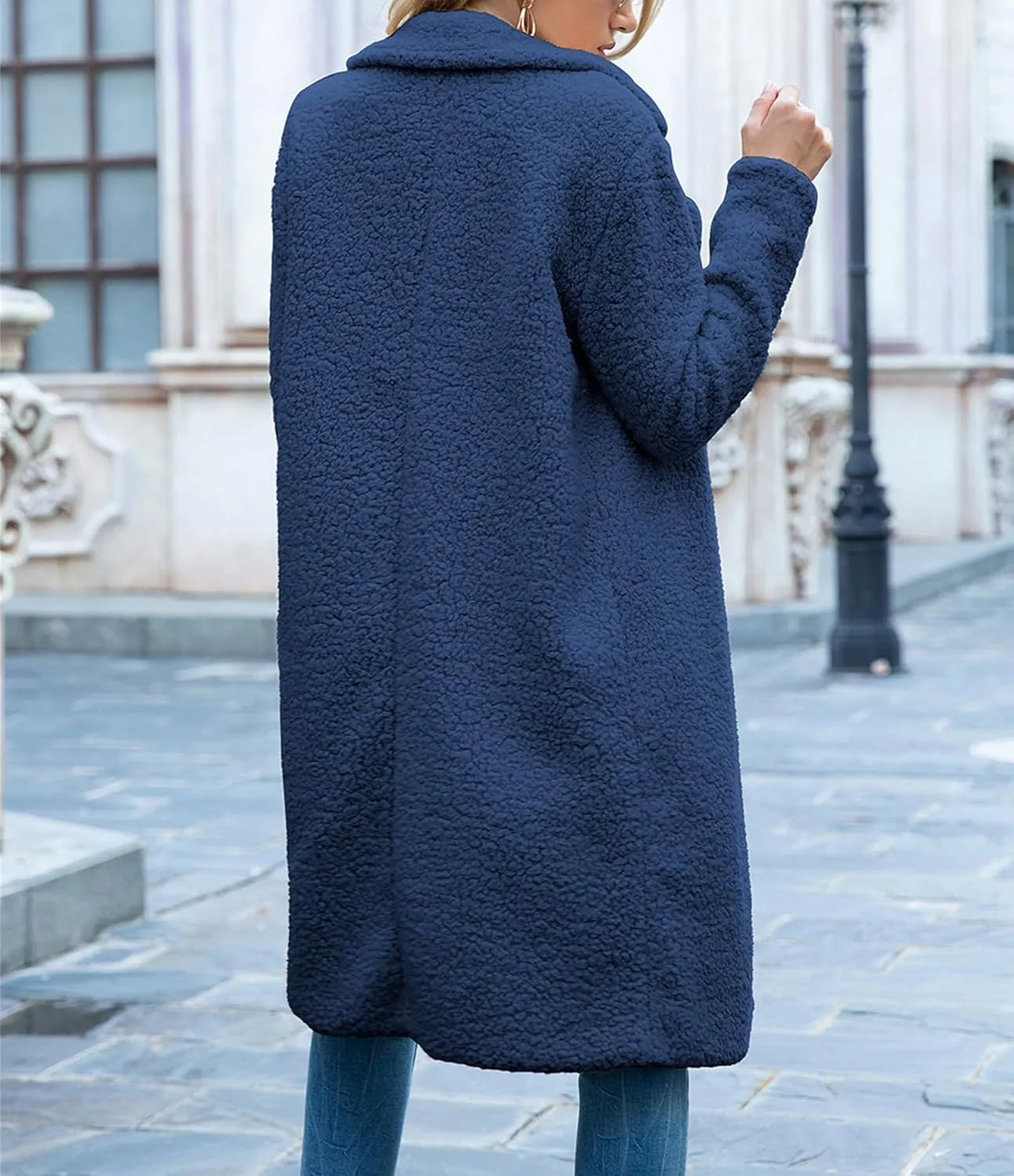 ZWRXW Women's Fuzzy Fleece Long Trench Coats Open Front Notched Lapel Solid Cardigans Winter Faux Fur Warm Outwear Jackets