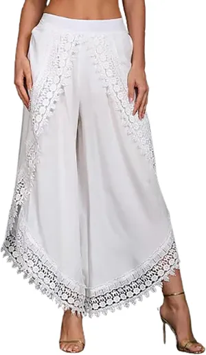 ZYXTIM Women Summer Boho Floral Printed Layered Wide Leg Pants Side Split Elastic Waist Loose Casual Beach Palazzo Pant Capri