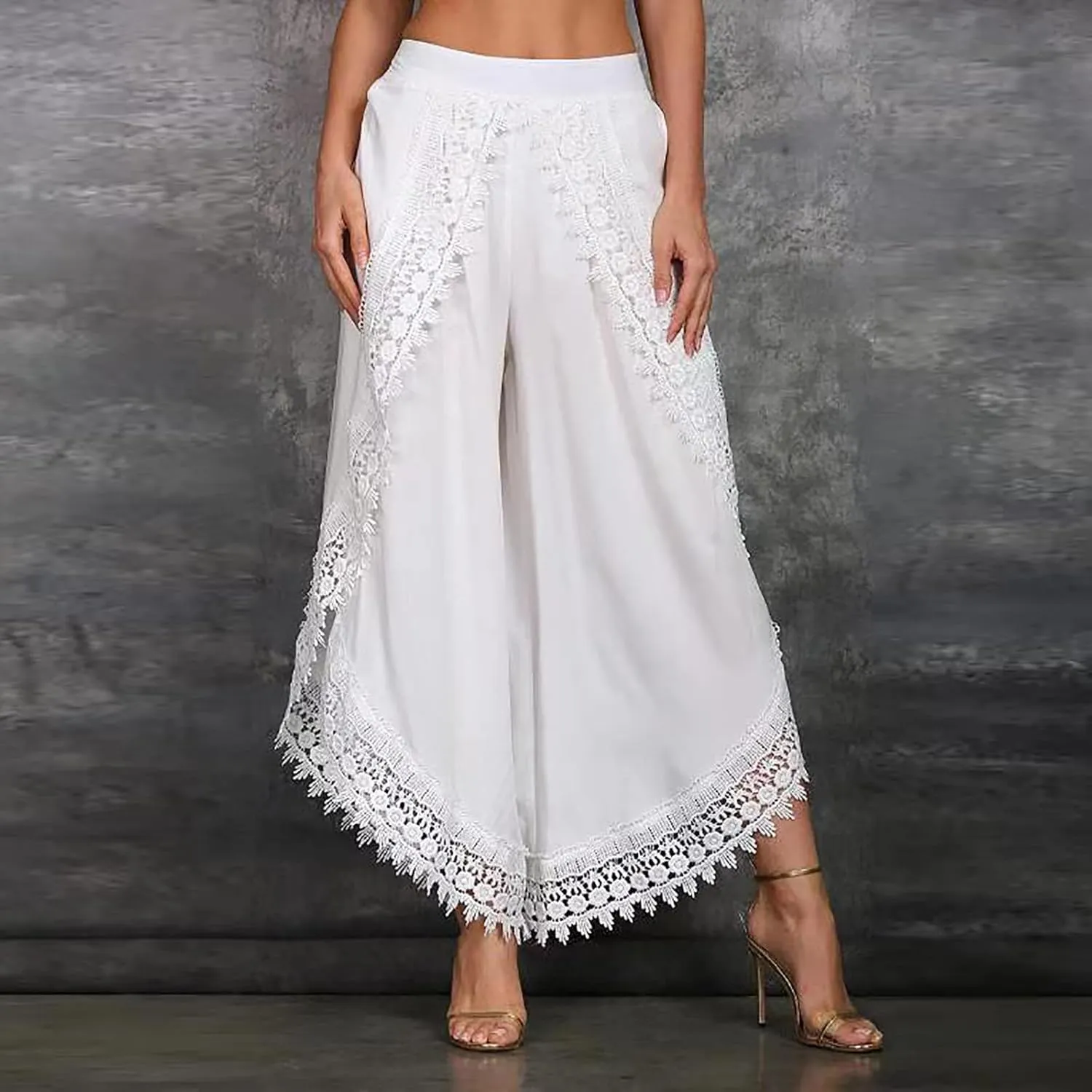 ZYXTIM Women Summer Boho Floral Printed Layered Wide Leg Pants Side Split Elastic Waist Loose Casual Beach Palazzo Pant Capri